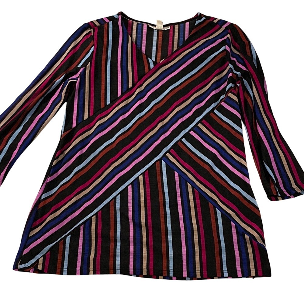 Dana Buchman Womens Multi Color Striped Surplice V-Neck Long Sleeve Top Size M